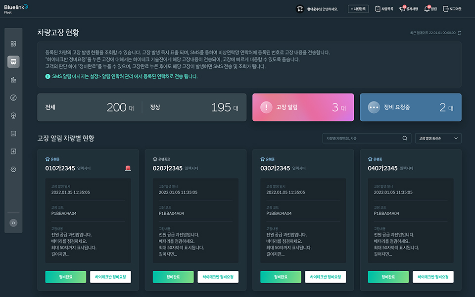 유니버스 FCEV 차량 고장 현황 / 차량 주요 상태 / 차량 관제
